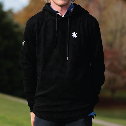 BLACK WAFFLE KNIT HOODIE