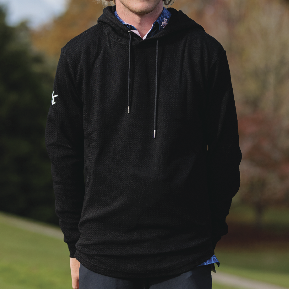 BLACK WAFFLE KNIT HOODIE